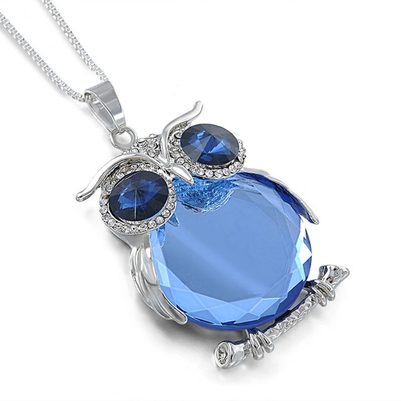 Blue Crystal/Rhinestone Owl Pendant Necklace - Picture 2 of 7